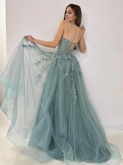 A-Line V Neck Tulle Lace Gray Green Long Prom Dress Gray Green Formal Dress