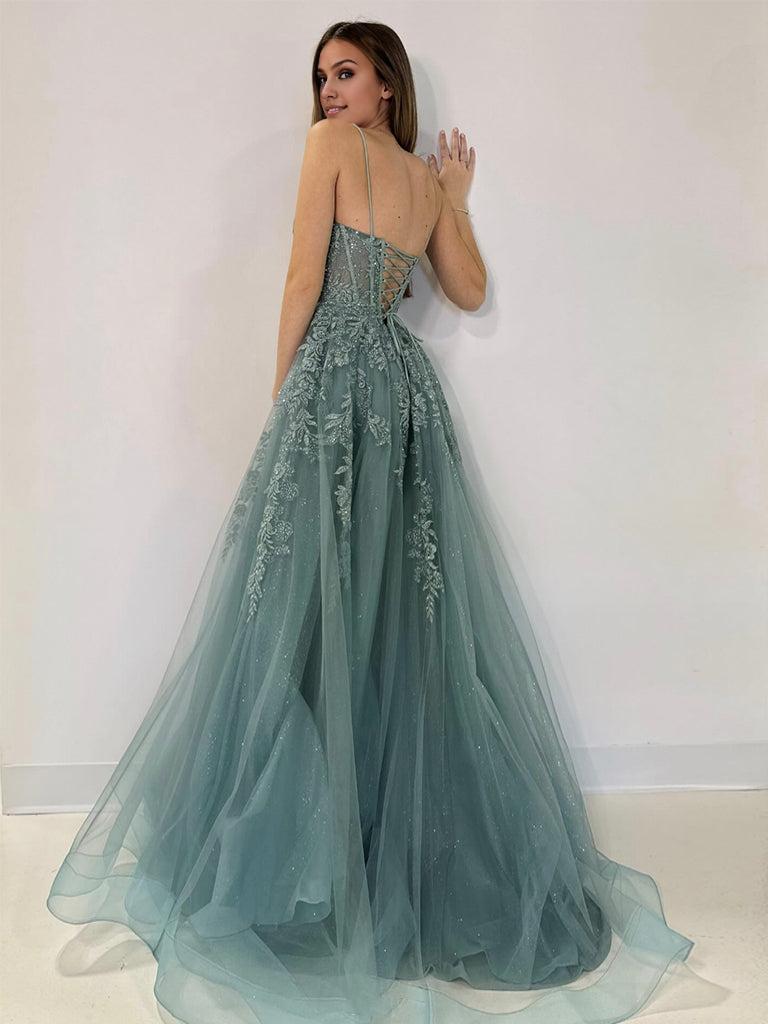 A-Line V Neck Tulle Lace Gray Green Long Prom Dress Gray Green Formal Dress