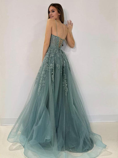 A-Line V Neck Tulle Lace Gray Green Long Prom Dress Gray Green Formal Dress
