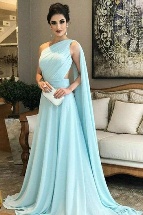 Green A-line Chiffon Single Shoulder Lotus Edge Formal Ball Long Dress