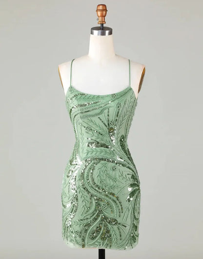 Cute slim fit green spaghetti strap with sequin back-to-school party dress