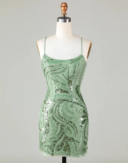 Cute slim fit green spaghetti strap with sequin back-to-school party dress