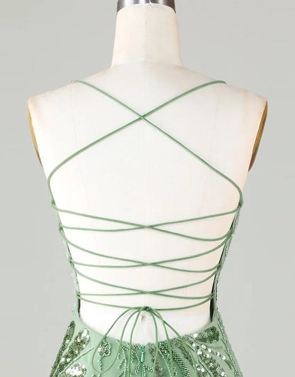 Cute slim fit green spaghetti strap with sequin back-to-school party dress