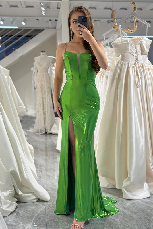 Mermaid Spaghetti Straps Long Metallic Prom Dress