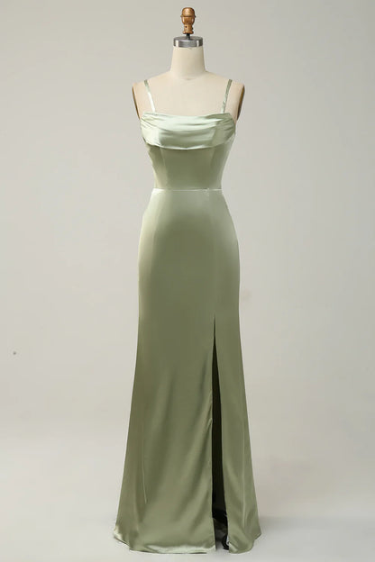 Sheath Convertible Strapless Satin Floor-Length Dress with Slit
