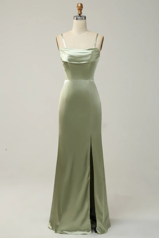 Sheath Convertible Strapless Satin Floor-Length Dress with Slit