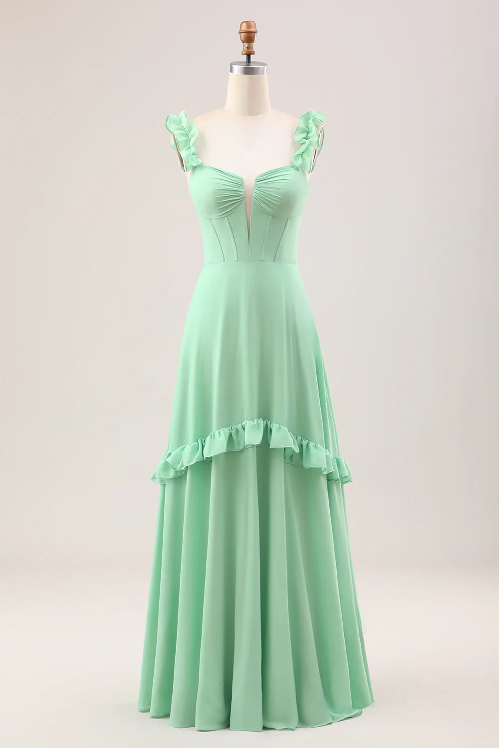 A Line Off The Shoulder Corset Chiffon Long Bridesmaid Dress with Ruffles