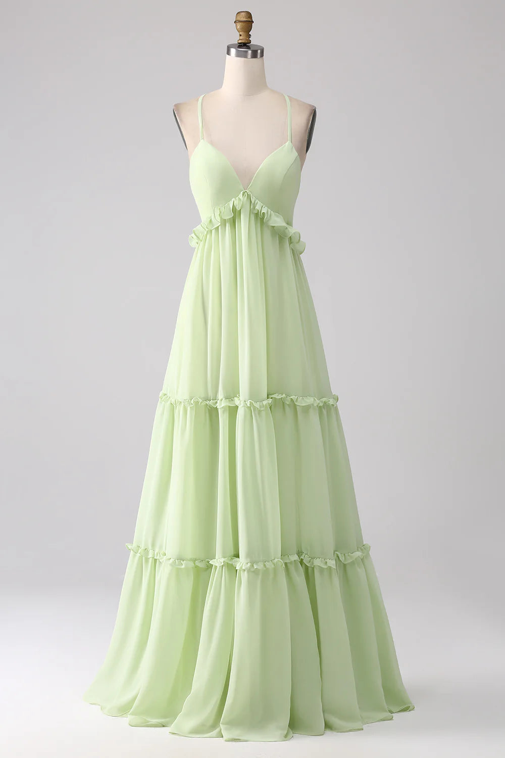 A-Line Spaghetti Straps Backless Long Bridesmaid Dress With Ruffles