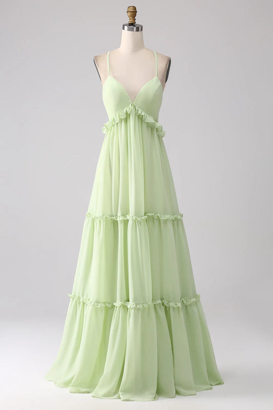 A-Line Spaghetti Straps Backless Long Bridesmaid Dress With Ruffles