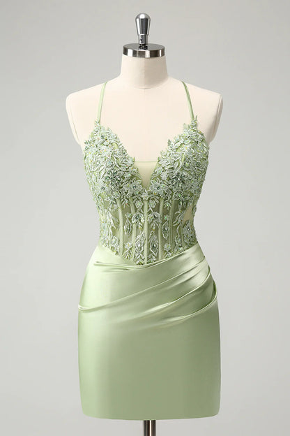 Green Sheath Criss Cross Back Corset Short Homecoming Dress