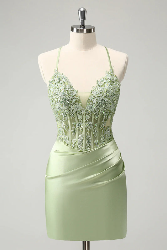 Green Sheath Criss Cross Back Corset Short Homecoming Dress