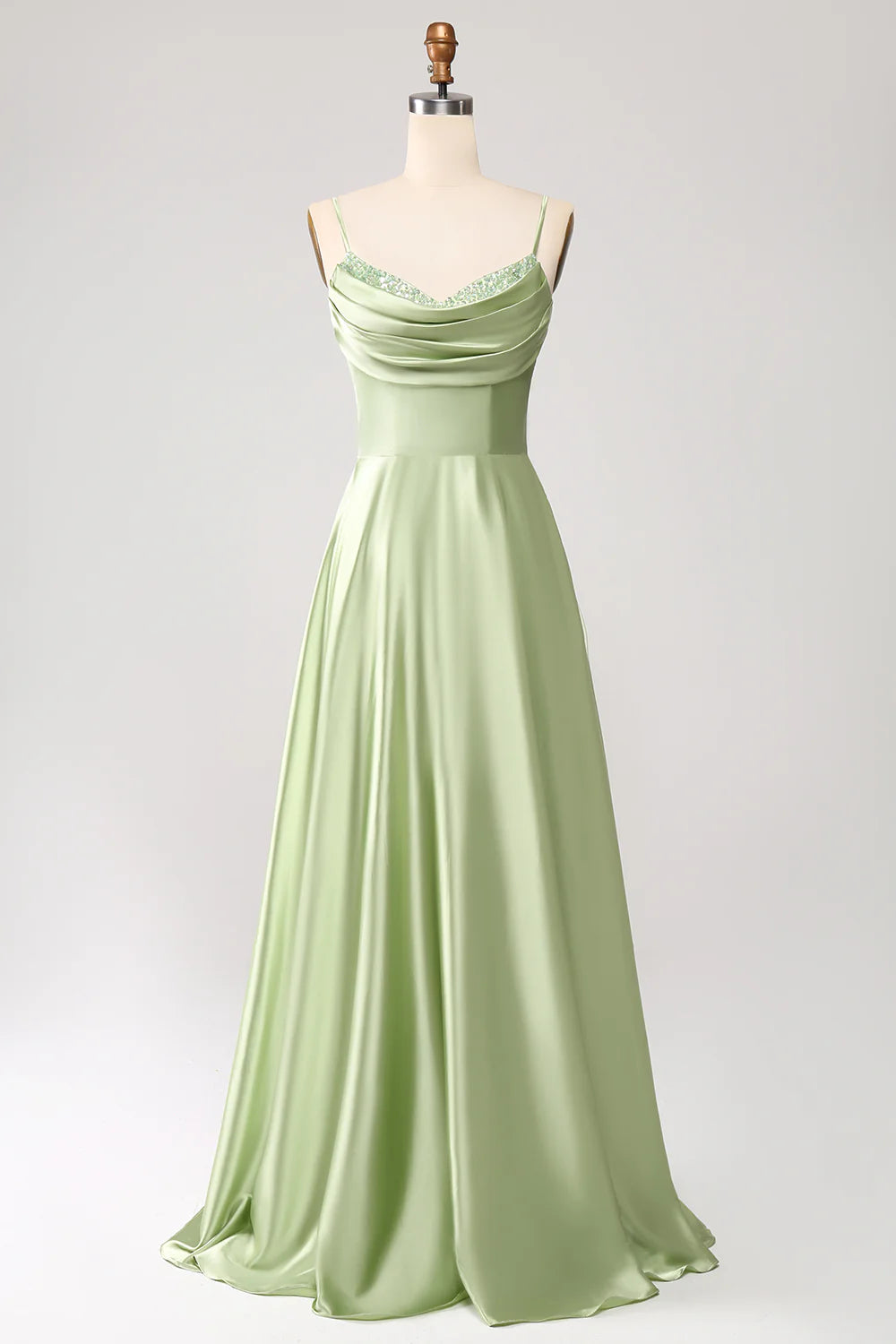 A-Line Cowl Neck Spaghetti Straps Maxi Dress With Sequins