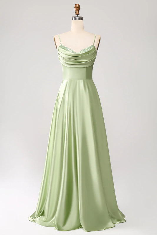 A-Line Cowl Neck Spaghetti Straps Maxi Dress With Sequins