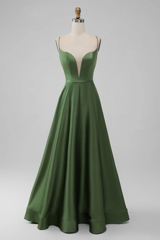 A-Line Spaghetti Straps Long Bridesmaid Dress with Lace-up Back
