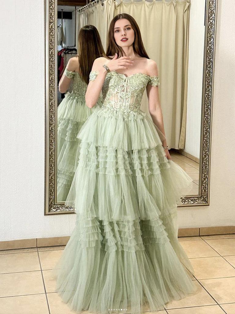 A-Line Off Shoulder Tulle Lace Green Long Prom Dress Green Long Prom Dress