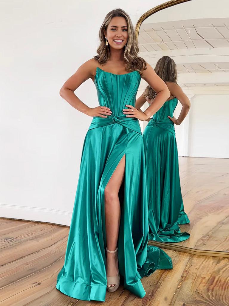 A-Line Satin Green Long Prom Dress Green Long Formal Dress