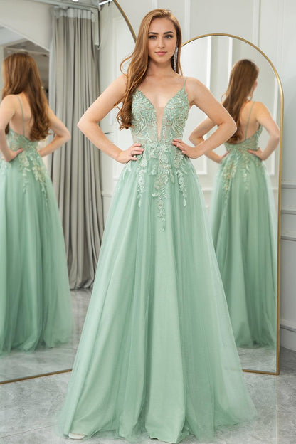 A-Line Tulle Backless Long Prom Dress With Glitter Appliques