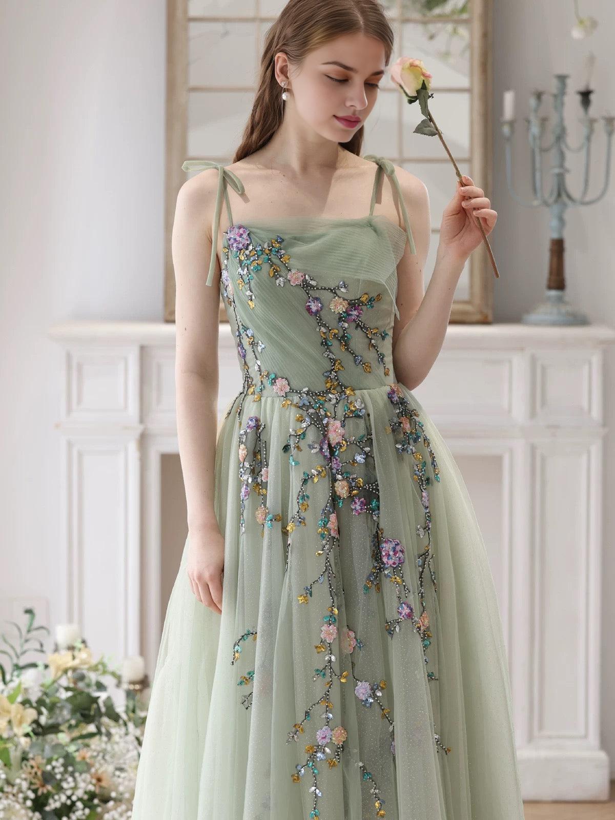 A-Line Tulle Beads Green Long Prom Dress Green Long Prom Dress