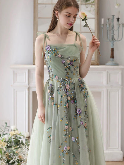 A-Line Tulle Beads Green Long Prom Dress Green Long Prom Dress