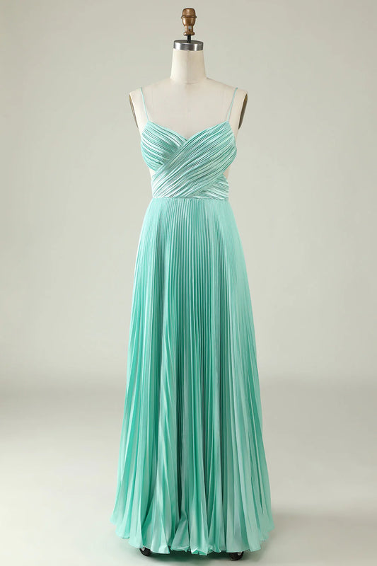 A Line Spaghetti Straps Pleated Long Bridesmaid DressA Line Spaghetti Straps Pleated Long Bridesmaid Dress