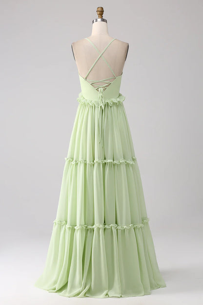 A-Line Spaghetti Straps Backless Long Bridesmaid Dress With Ruffles
