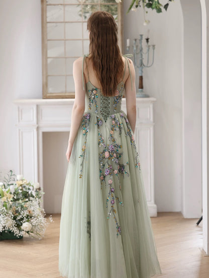 A-Line Tulle Beads Green Long Prom Dress Green Long Prom Dress