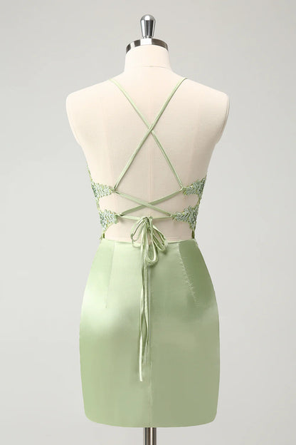 Green Sheath Criss Cross Back Corset Short Homecoming Dress