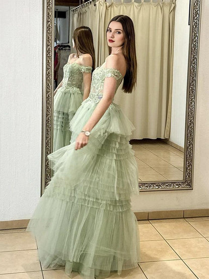 A-Line Off Shoulder Tulle Lace Green Long Prom Dress Green Long Prom Dress