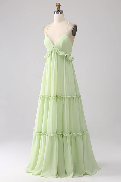 A-Line Spaghetti Straps Backless Long Bridesmaid Dress With Ruffles