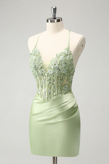 Green Sheath Criss Cross Back Corset Short Homecoming Dress