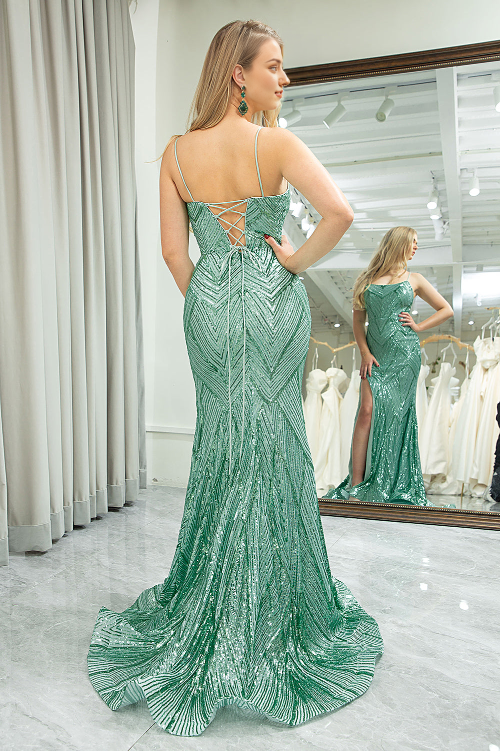 Green Mermaid Lace Up Back Long Prom Dress With Slit