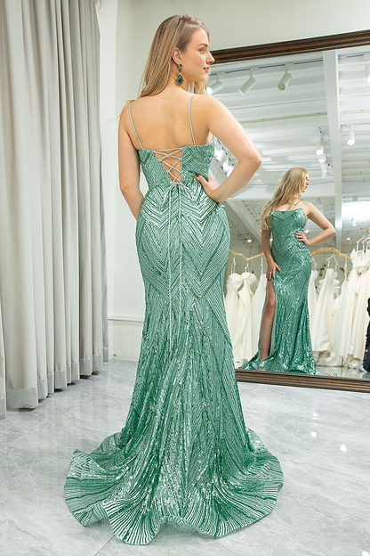 Green Mermaid Lace Up Back Long Prom Dress With Slit