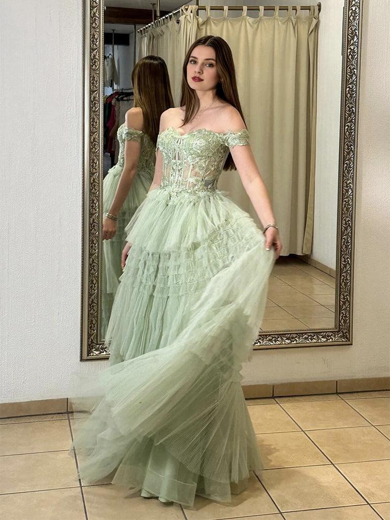 A-Line Off Shoulder Tulle Lace Green Long Prom Dress Green Long Prom Dress