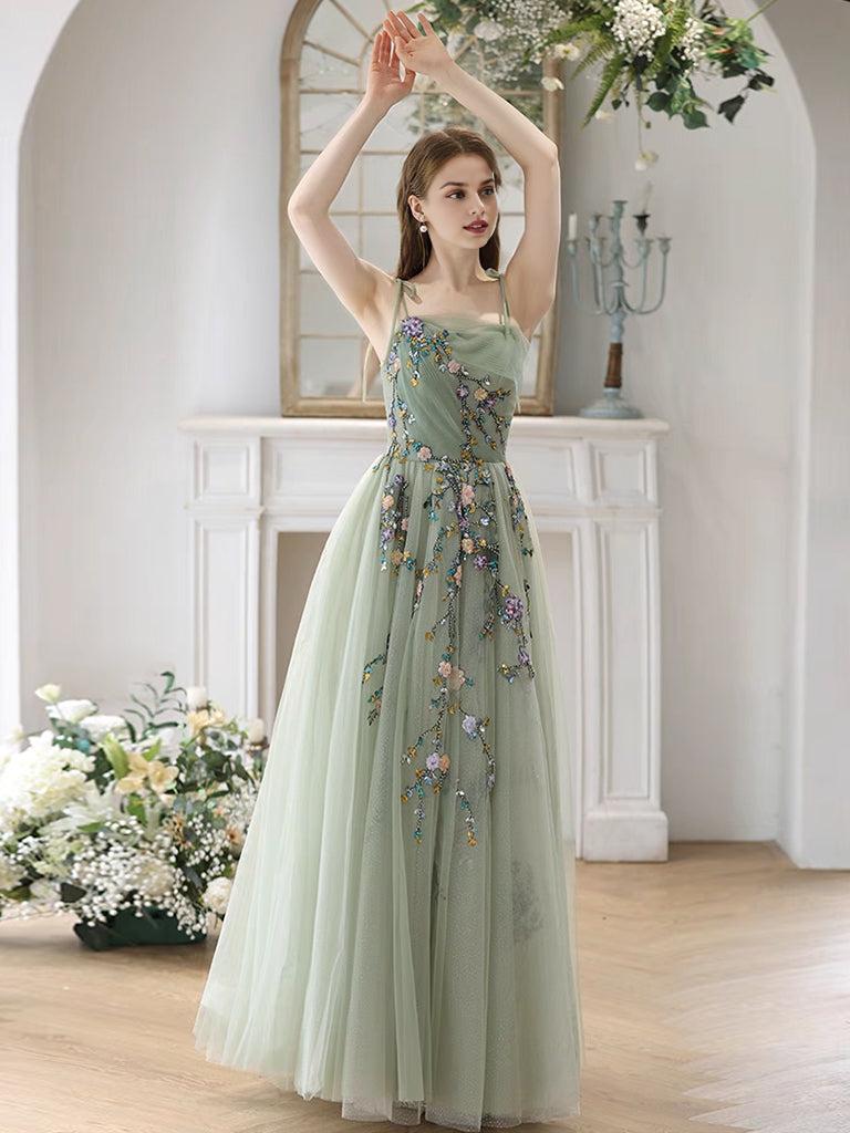 A-Line Tulle Beads Green Long Prom Dress Green Long Prom Dress