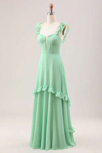 A Line Off The Shoulder Corset Chiffon Long Bridesmaid Dress with Ruffles
