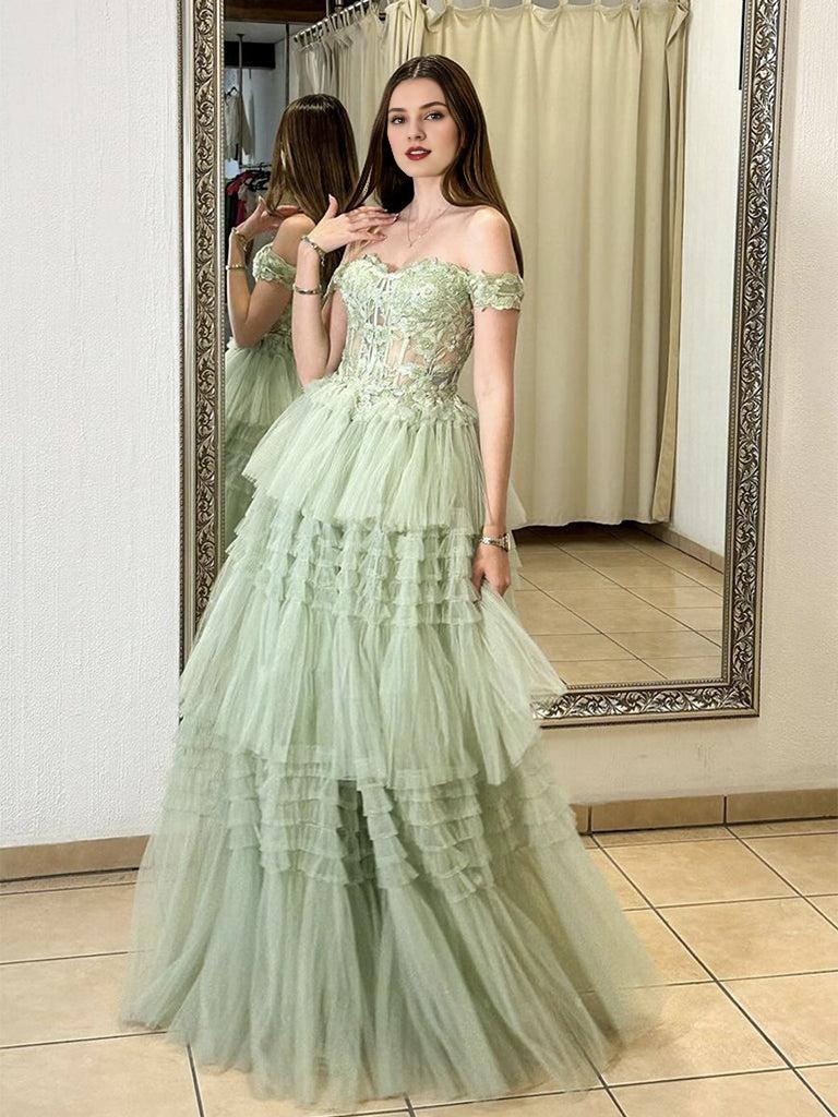 A-Line Off Shoulder Tulle Lace Green Long Prom Dress Green Long Prom Dress