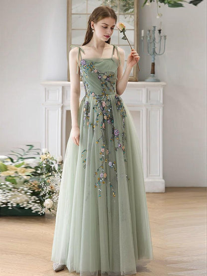 A-Line Tulle Beads Green Long Prom Dress Green Long Prom Dress