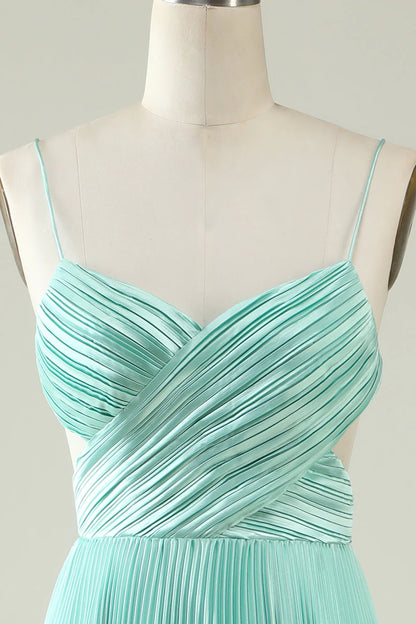 A Line Spaghetti Straps Pleated Long Bridesmaid DressA Line Spaghetti Straps Pleated Long Bridesmaid Dress