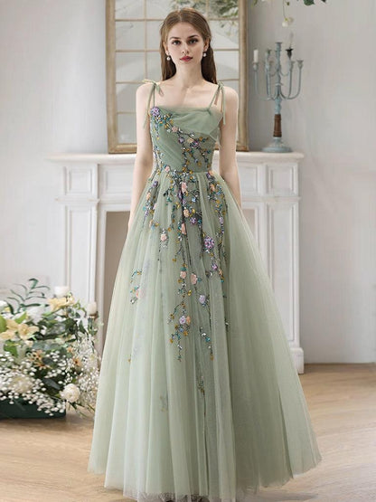 A-Line Tulle Beads Green Long Prom Dress Green Long Prom Dress