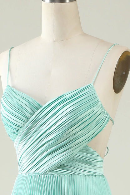 A Line Spaghetti Straps Pleated Long Bridesmaid DressA Line Spaghetti Straps Pleated Long Bridesmaid Dress