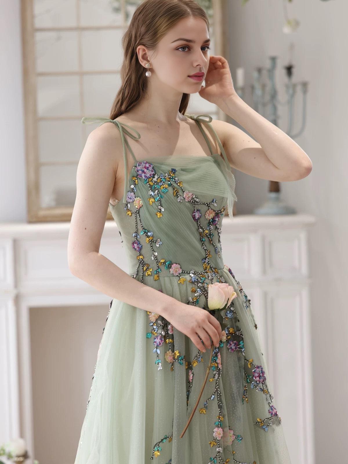 A-Line Tulle Beads Green Long Prom Dress Green Long Prom Dress