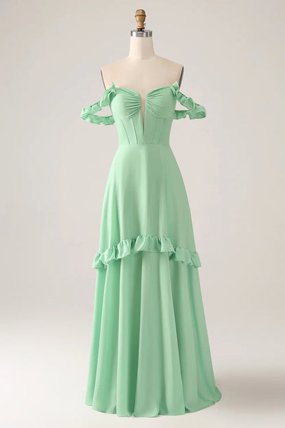 A Line Off The Shoulder Corset Chiffon Long Bridesmaid Dress with Ruffles
