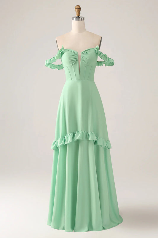 A Line Off The Shoulder Corset Chiffon Long Bridesmaid Dress with Ruffles