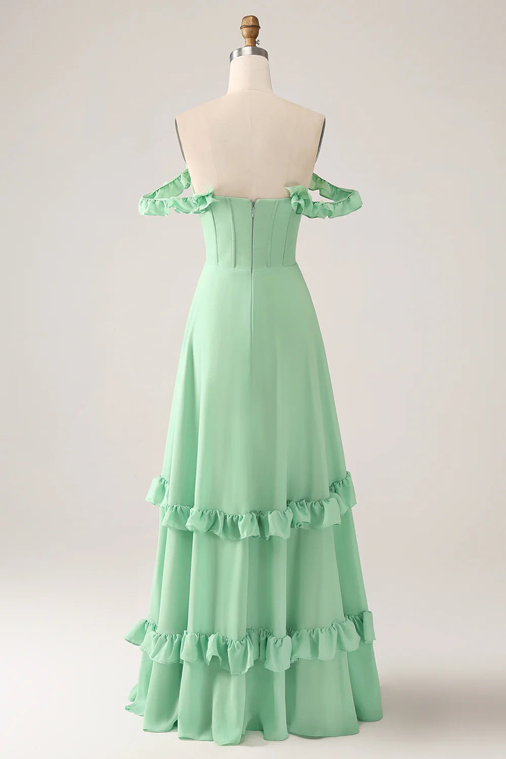 A Line Off The Shoulder Corset Chiffon Long Bridesmaid Dress with Ruffles