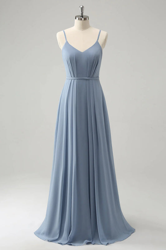 A Line Spaghetti Straps Pleated Long Bridesmaid Dress