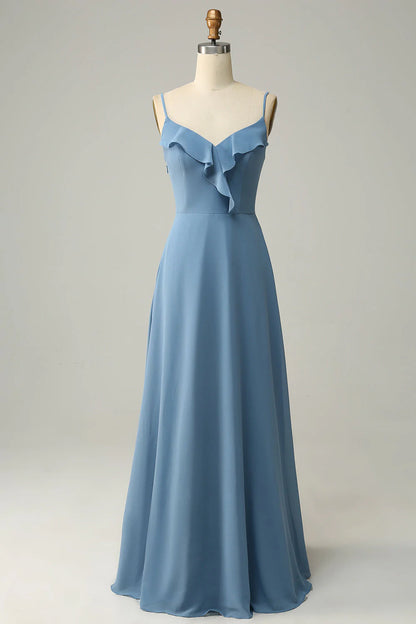A Line Spaghetti Straps Floor Length Bridesmaid Dress with Ruffles