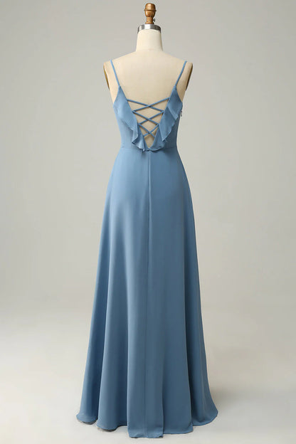 A Line Spaghetti Straps Floor Length Bridesmaid Dress with Ruffles