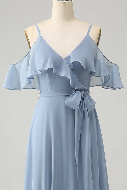 A Line Spaghetti Straps Chiffon Long Bridesmaid Dress with Slit