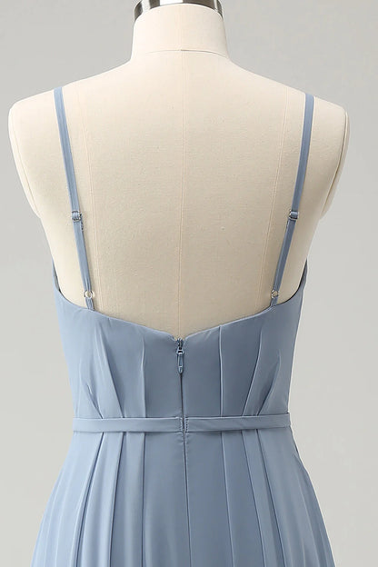 A Line Spaghetti Straps Pleated Long Bridesmaid Dress
