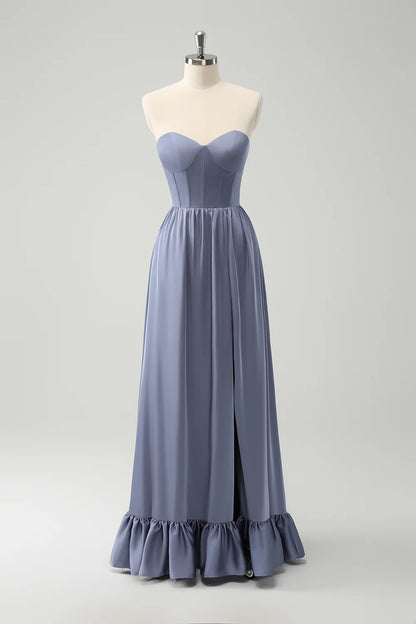 A Line Satin Corset Detachable Straps Long Bridesmaid Dress with Slit